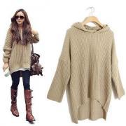 Long Sleeve Casual Hooded Sweater With Bat-wing Sleeve In Beige And Black
