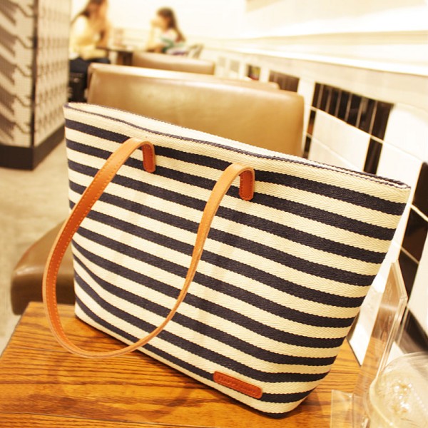 navy and white striped bag