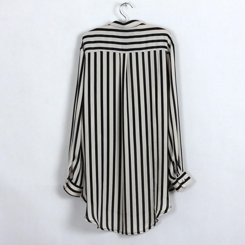 Black White Vertical Stripe Long Sleeve Shirt Chiffon Blouse on Luulla