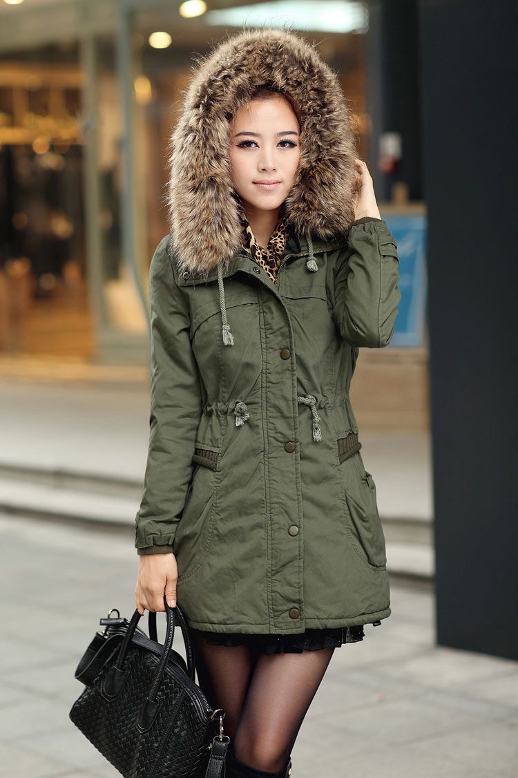 Green Womens Winter Coats Faux Fur Lining Parka With Fur Hood on Luulla