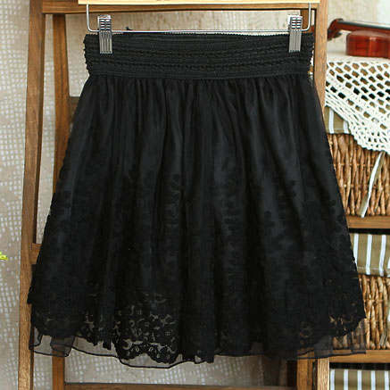 Wide Elastic Waist Layered Crochet Lace Flared Tulle Skirt on Luulla