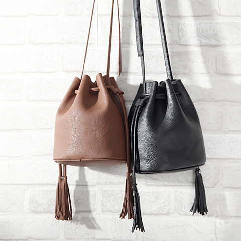 black faux leather bucket bag