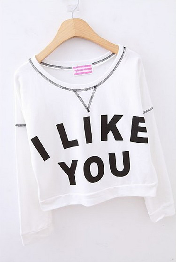 Simple Letters Print Long SleevesWhite Regular Pullover I LIKE YOU on ...