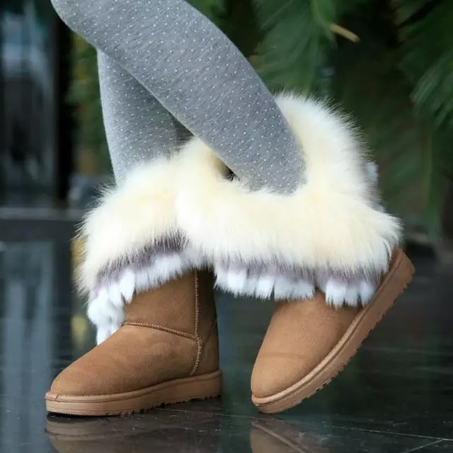 Winter Fashion Round Toe Feathers Decorated Slip-On Flat Low Heel Khaki ...